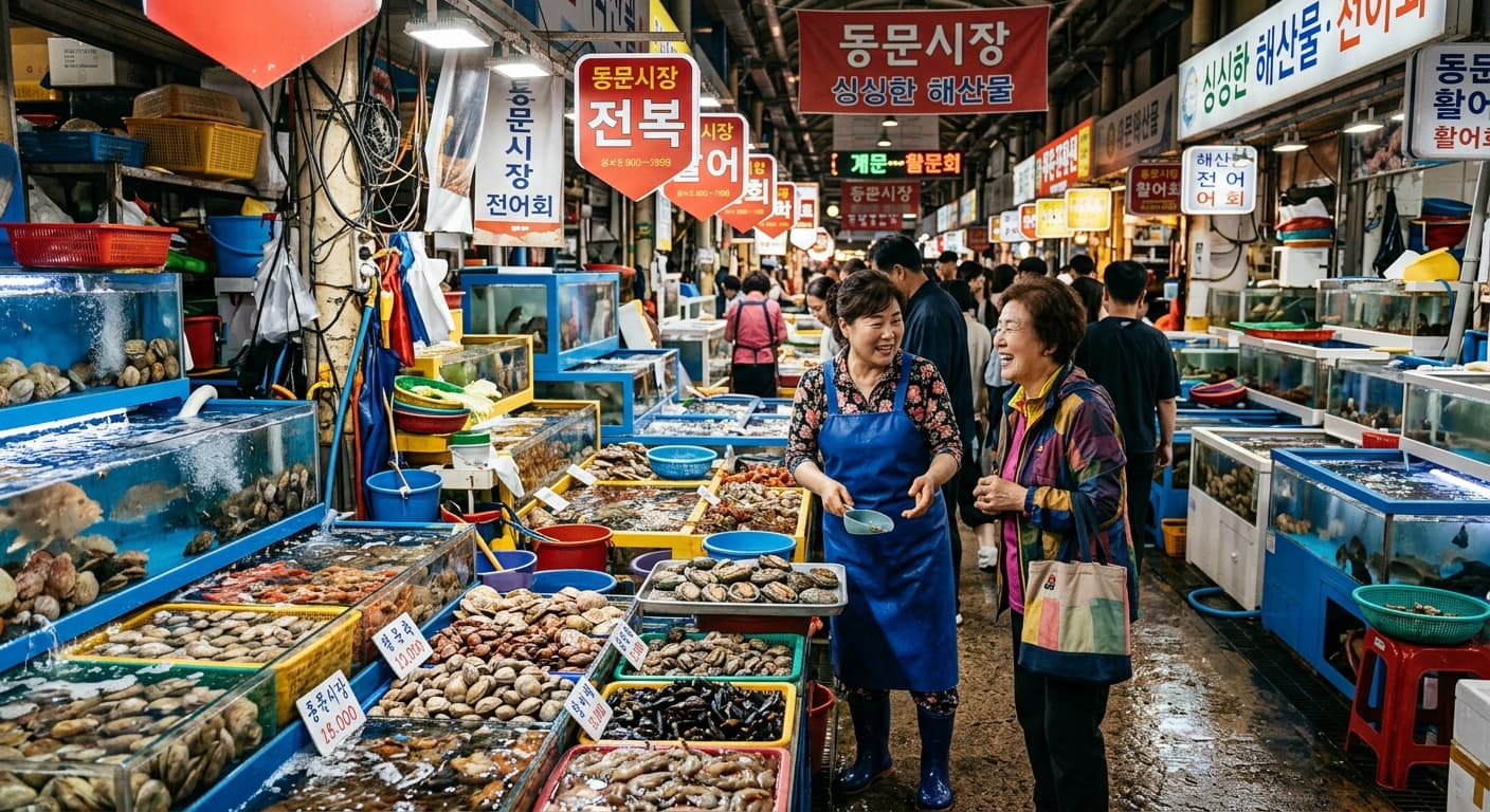 제주 동문시장 수산물 코너, 수족관에 담긴 활어와 조개류