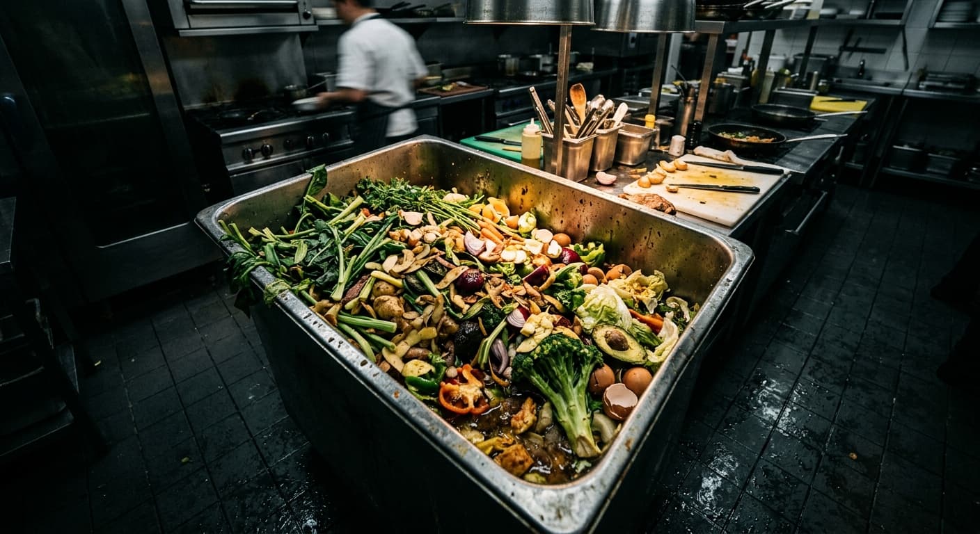 주방 대형 용기에 모인 식재료 자투리와 폐기물