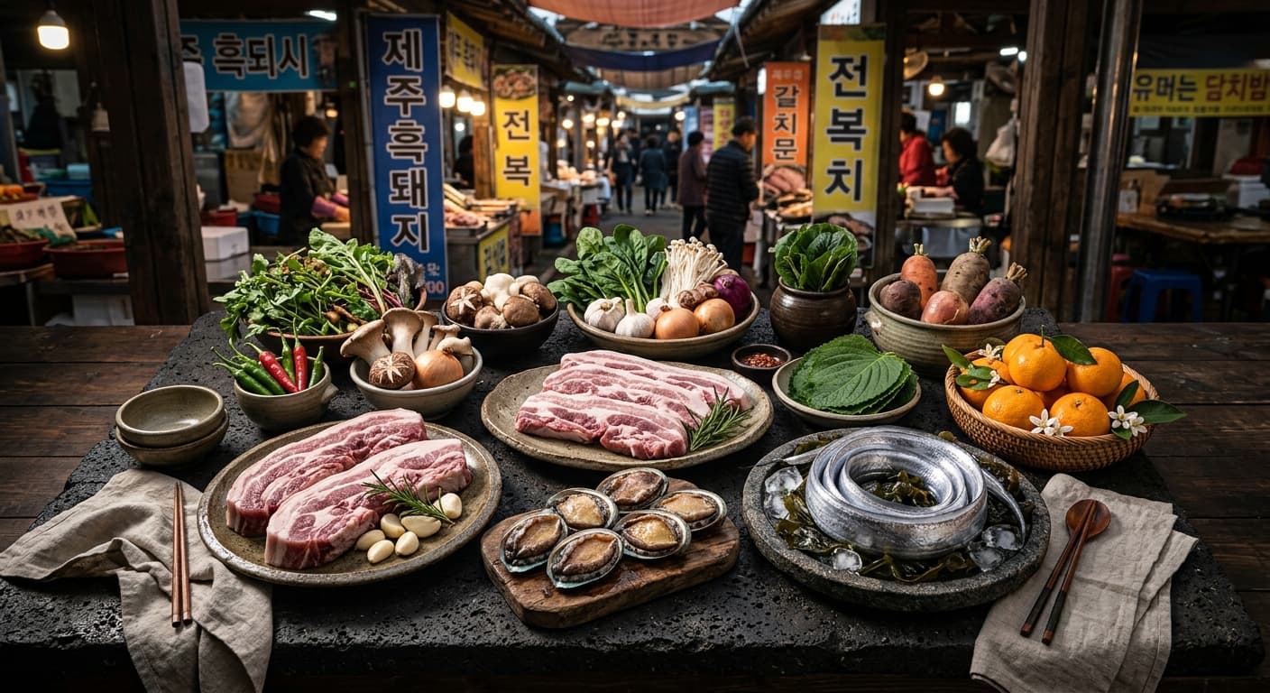 제주 식자재 — 흑돼지, 전복, 갈치, 감귤이 화산석 위에 놓인 전경