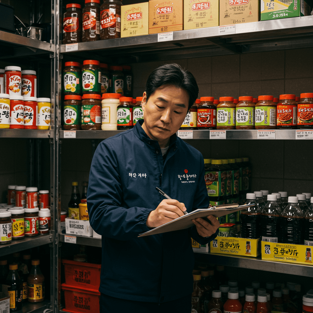 저장실에서 클립보드를 들고 재고를 확인하는 매니저