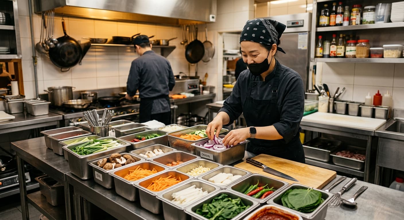 아침 주방에서 채소와 식재료를 스테인리스 용기에 정리하는 셰프