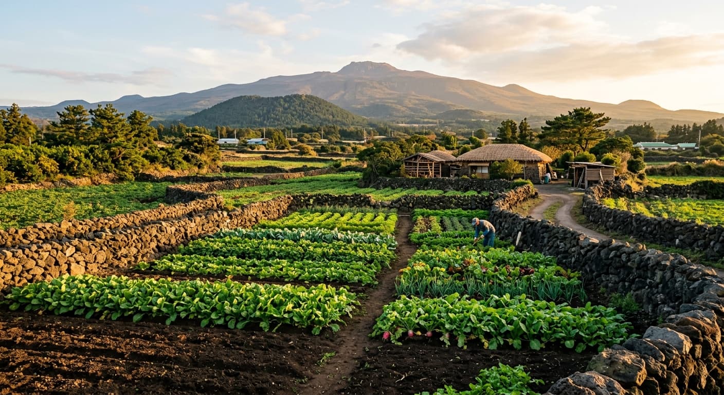 제주 화산토 밭에서 채소를 재배하는 소규모 유기농 농장