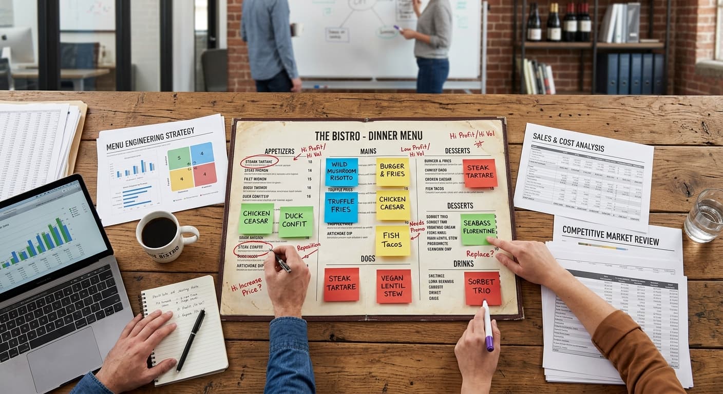 메뉴 엔지니어링 작업 — 스티커 분류된 메뉴판과 분석 노트