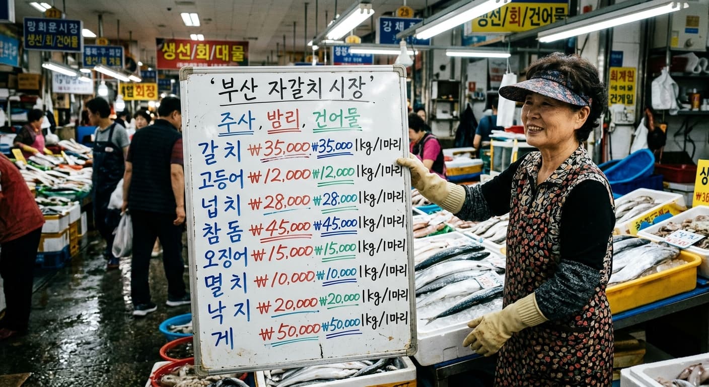 수산시장 가격 시세판, 어종별 금액이 손글씨로 적혀 있음