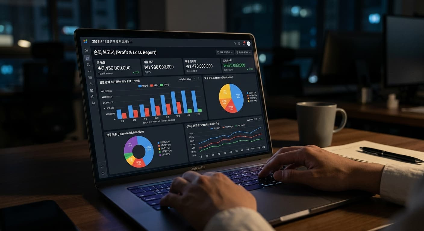 노트북 화면에 표시된 손익 분석 대시보드