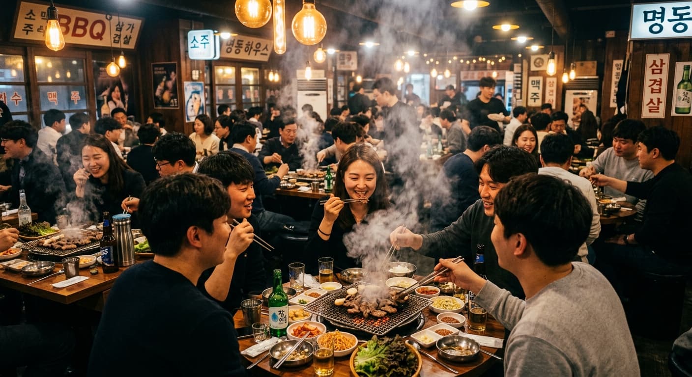 저녁 피크타임, 손님으로 가득 찬 제주 식당 내부