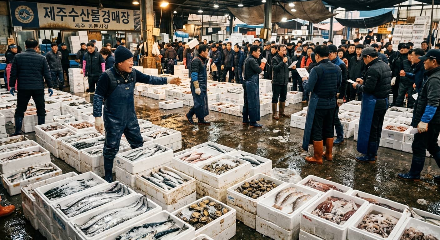 제주 수산시장 새벽 경매 현장, 스티로폼 박스에 담긴 신선한 해산물