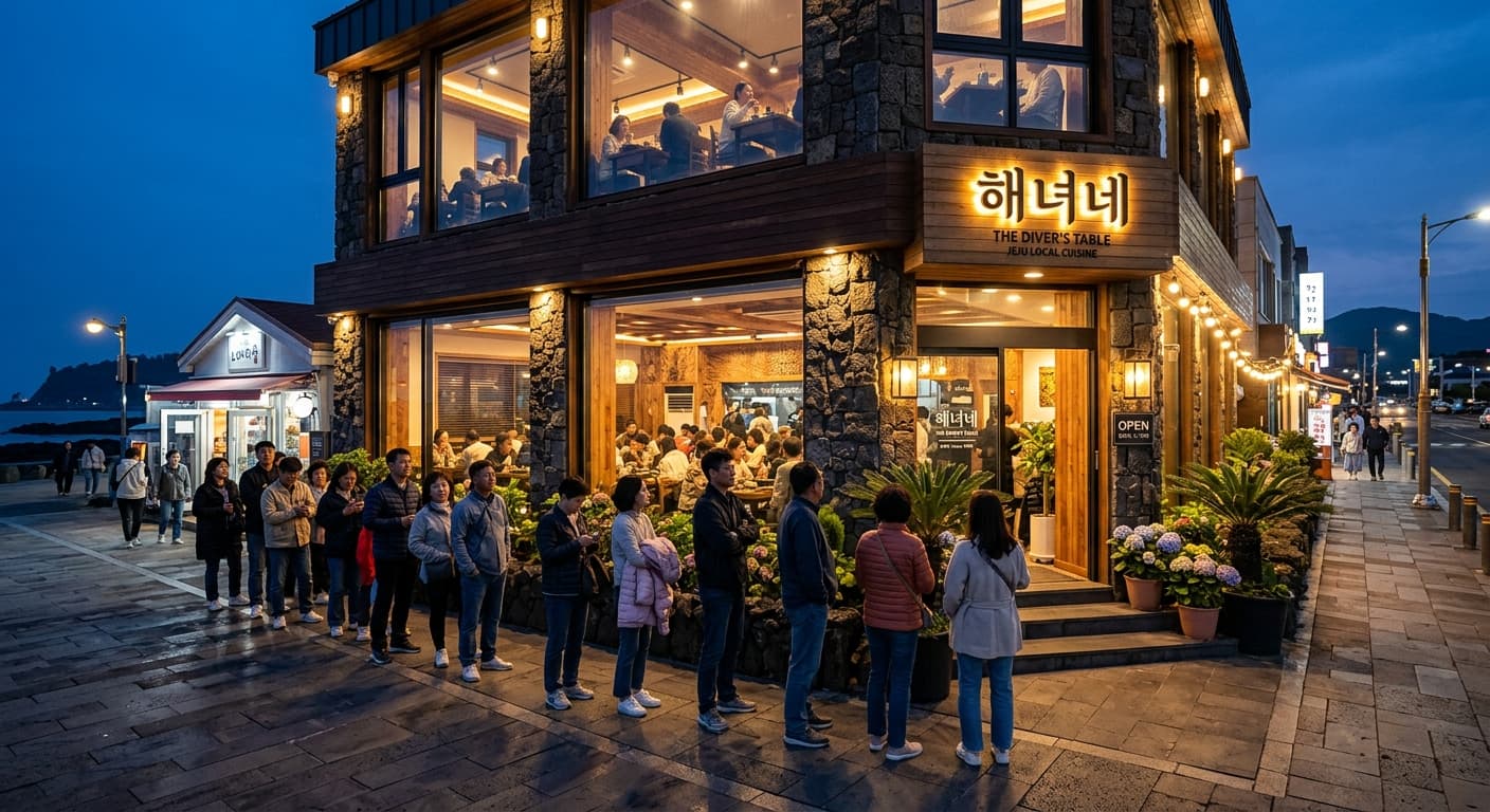 저녁 시간 손님이 줄 서 있는 제주 인기 식당 외관