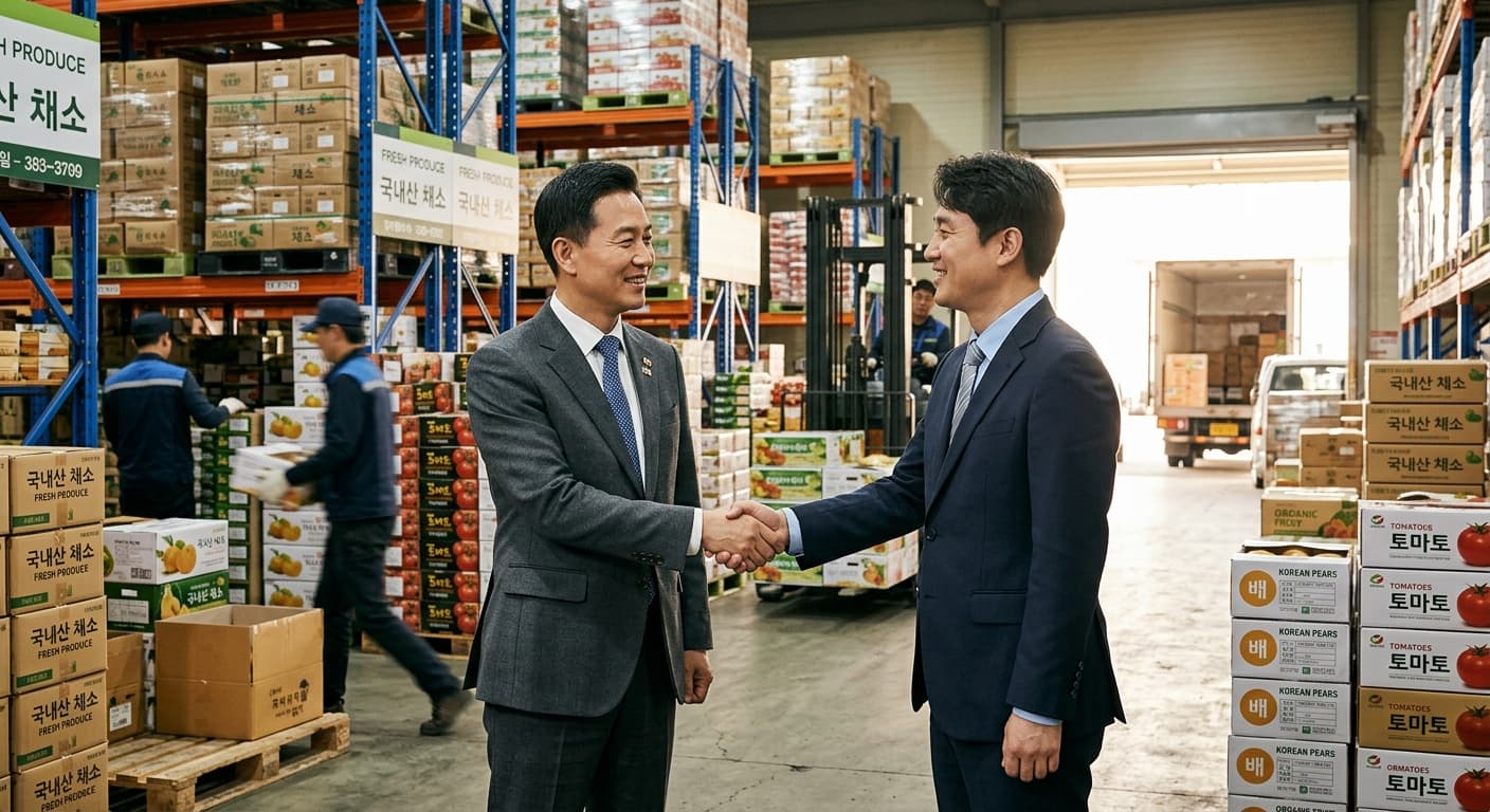 식자재 창고에서 악수하는 두 사업자