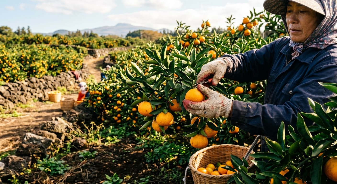 제주 감귤 과수원에서 수확하는 농부의 손