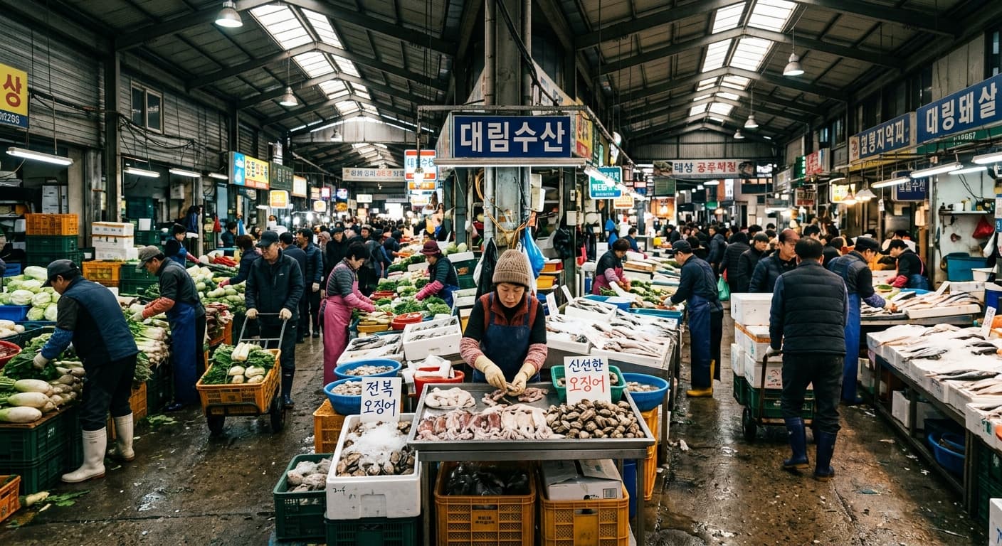 새벽 도매시장에서 식자재를 분류하는 상인들