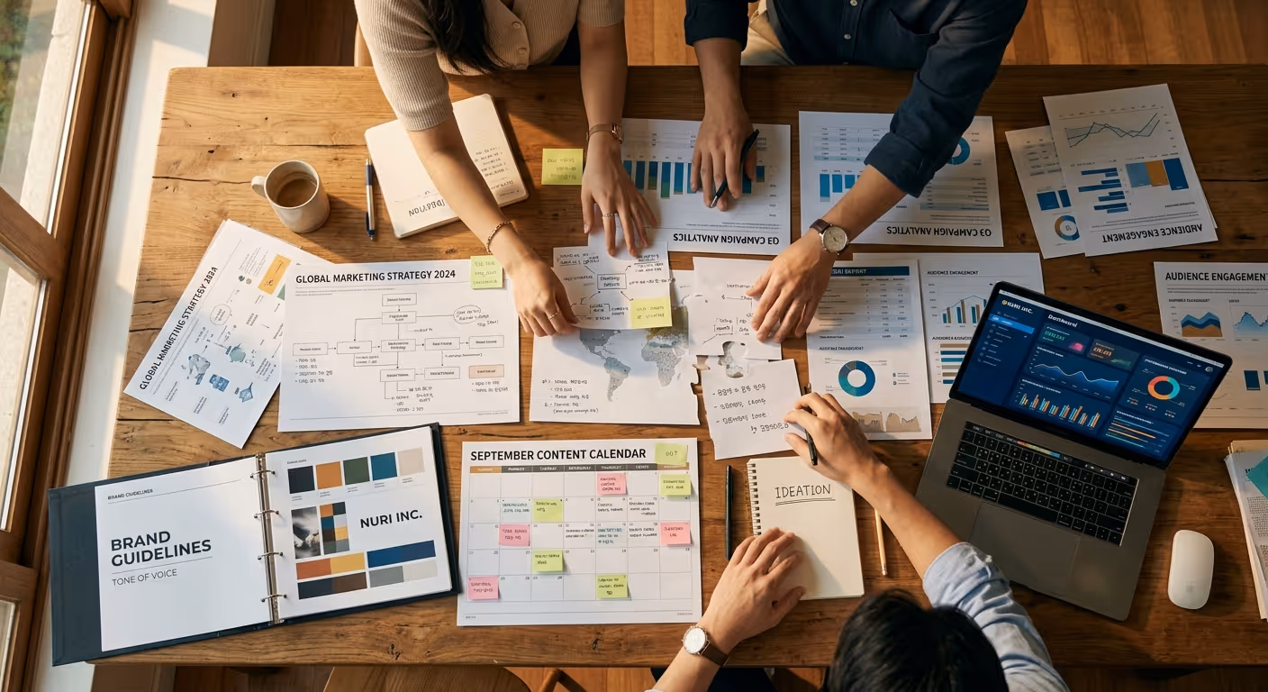 마케팅 전략 문서와 데이터가 퍼즐처럼 배치된 테이블