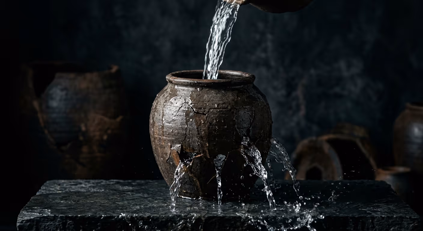 구멍 난 항아리에서 물이 새는 모습 — 마케팅 예산 낭비 비유