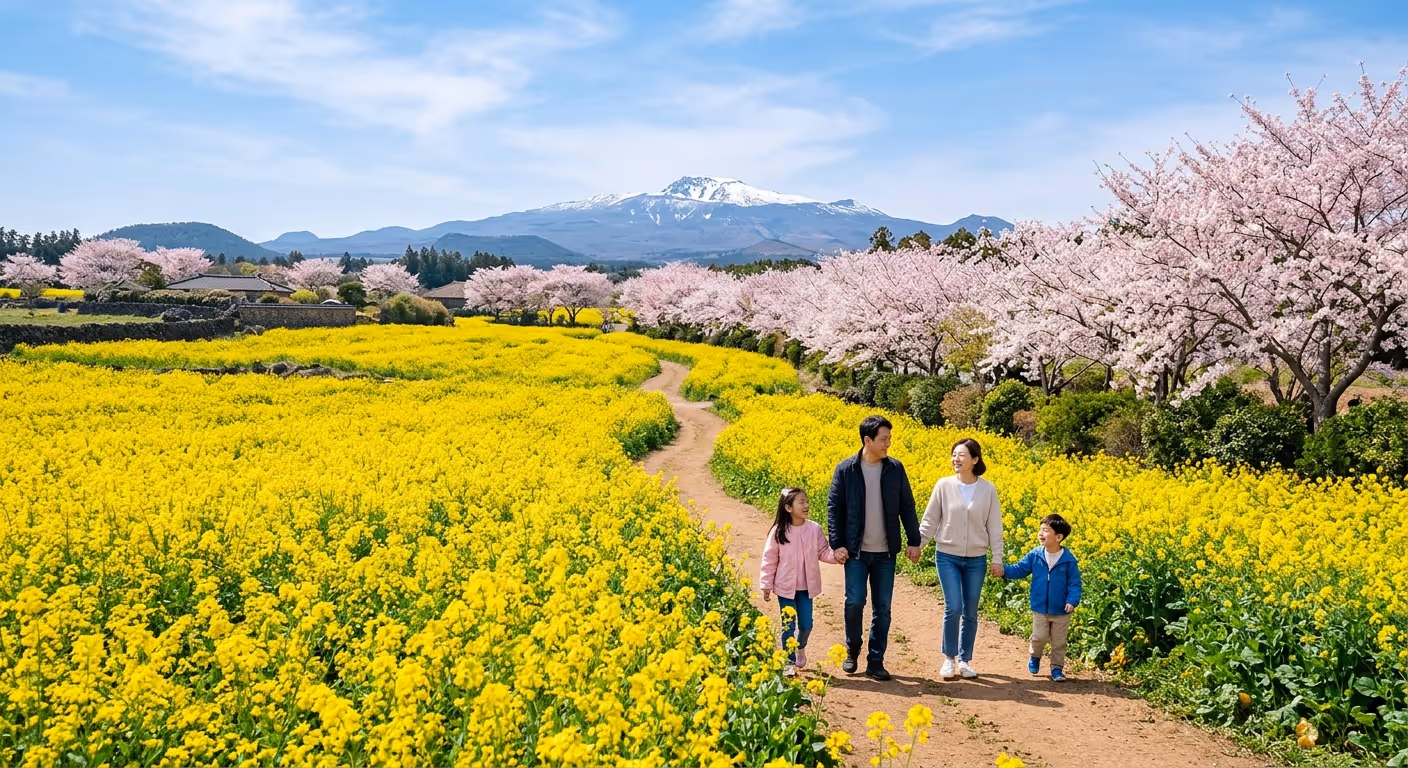 제주도 유채꽃밭과 벚꽃이 만개한 봄 풍경