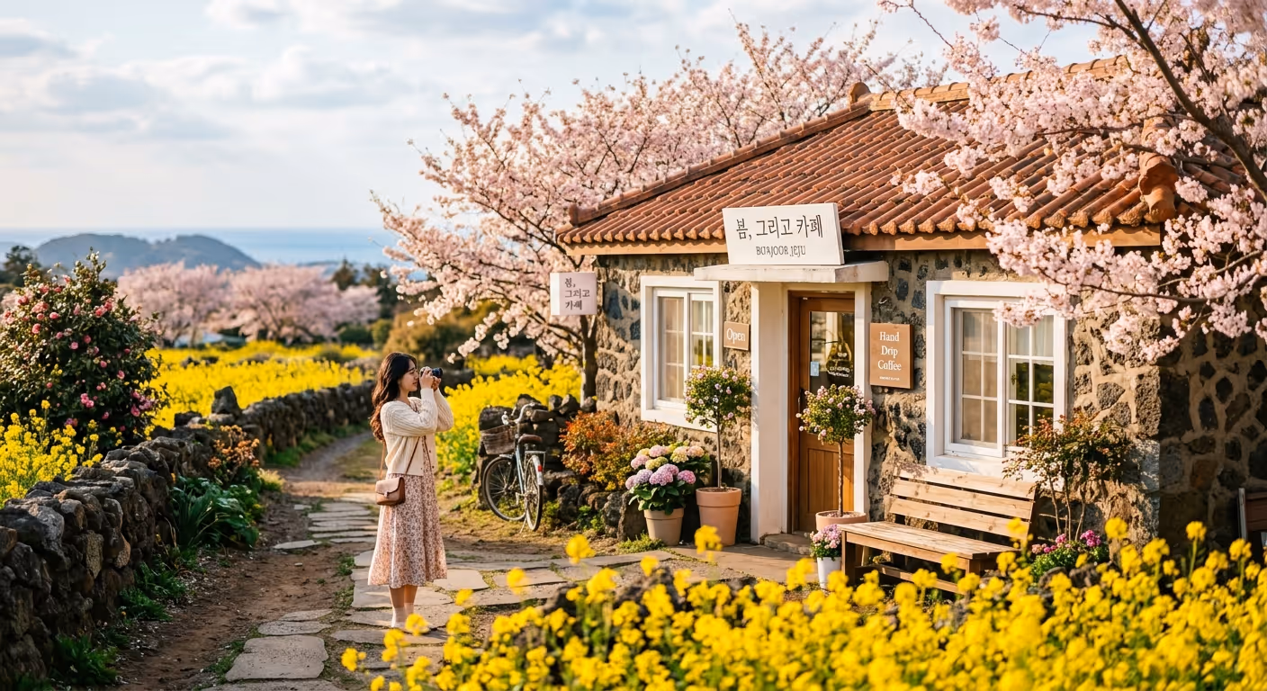 벚꽃과 유채꽃에 둘러싸인 아름다운 제주 카페