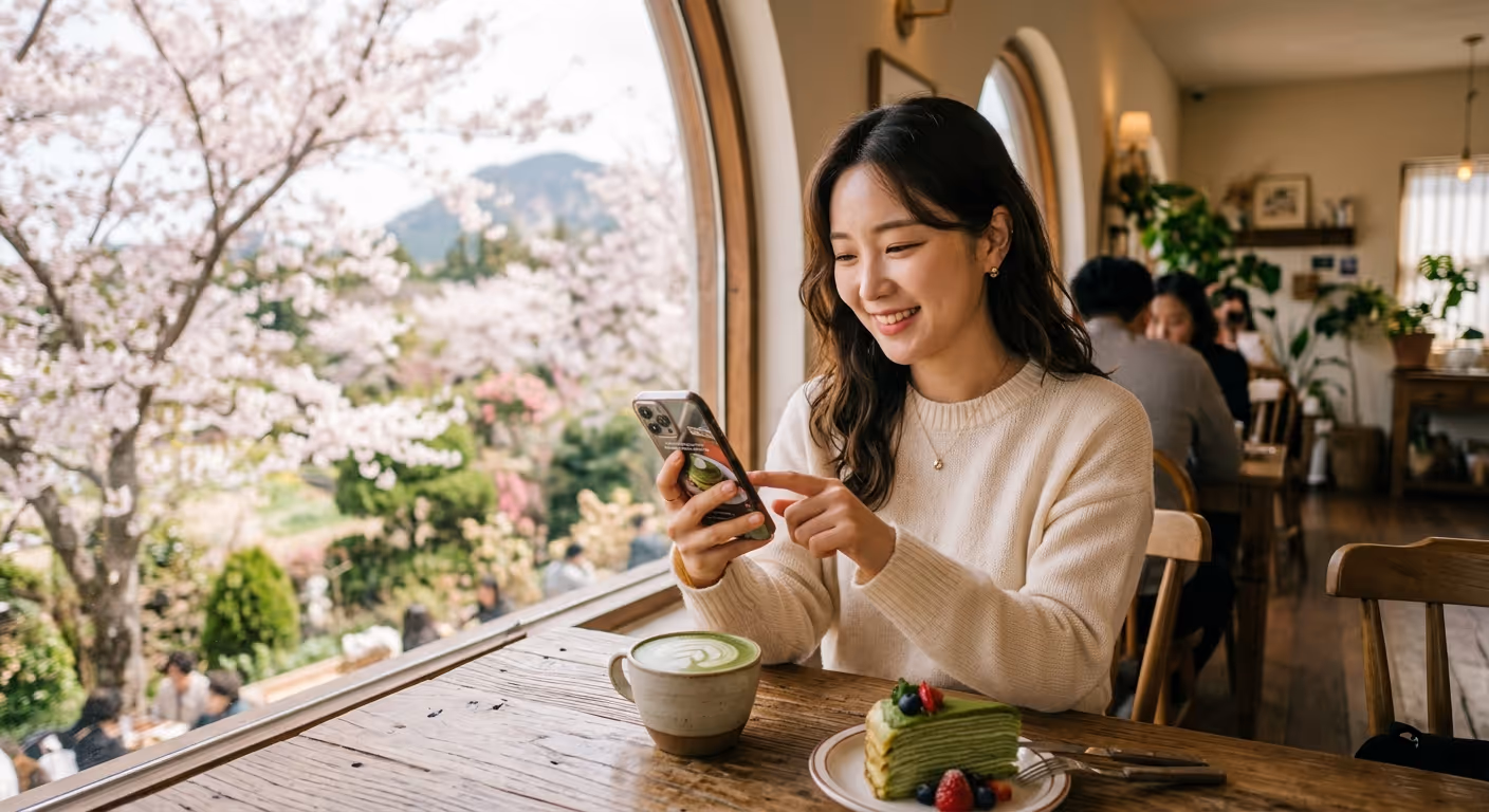 제주 카페에서 인스타그램 음식 릴스를 보는 한국 여성