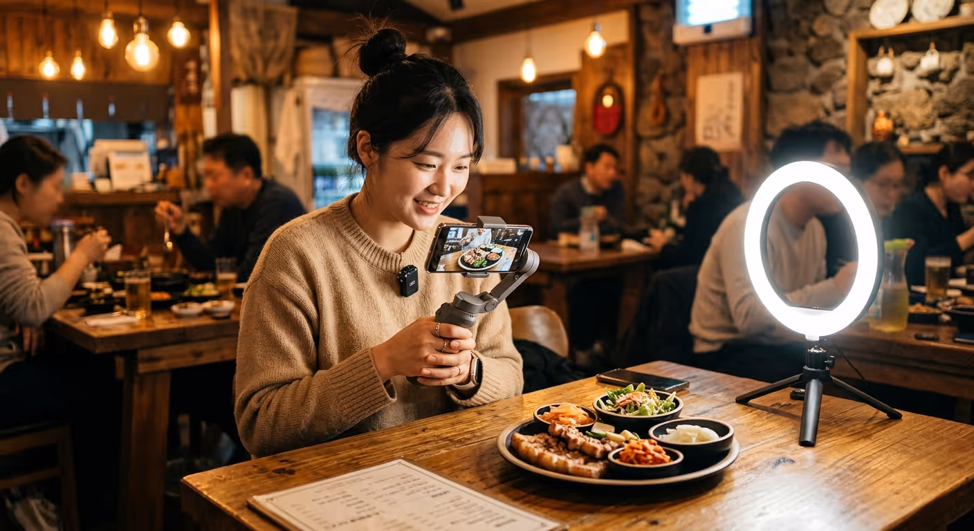 스마트폰 짐벌로 음식 영상을 촬영하는 콘텐츠 크리에이터