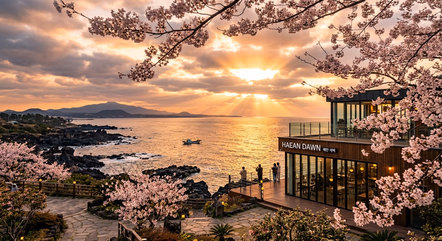 벚꽃이 프레임을 감싸는 제주 해안 일출과 레스토랑