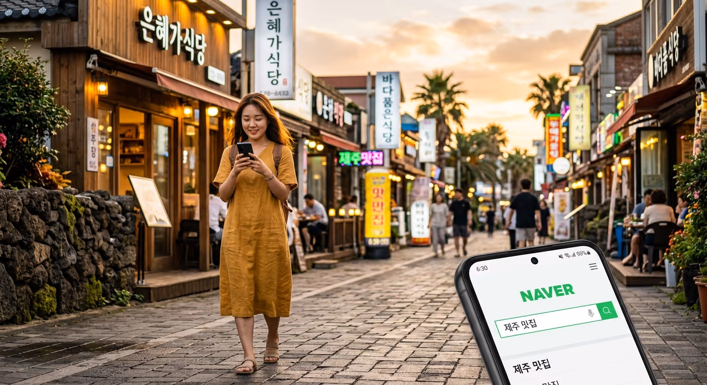 제주 거리에서 네이버 검색하는 모습