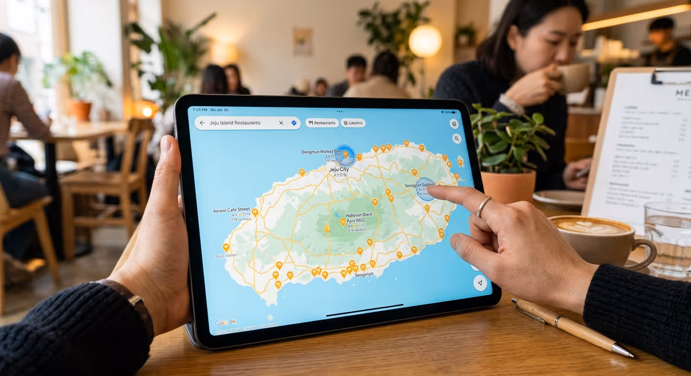 태블릿에서 구글 지도로 제주 맛집을 찾는 모습