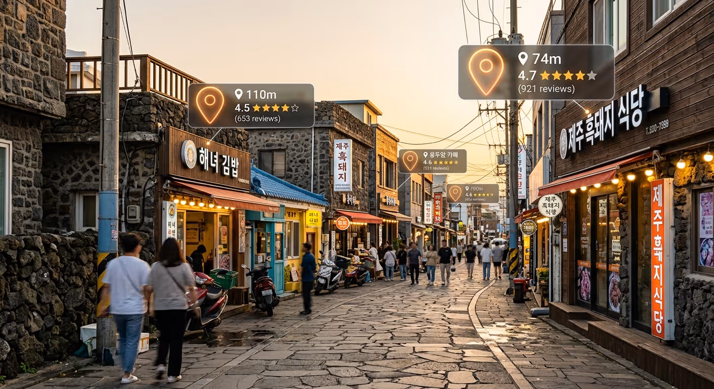 제주 거리에 디지털 위치 핀과 별점이 떠 있는 AR 개념