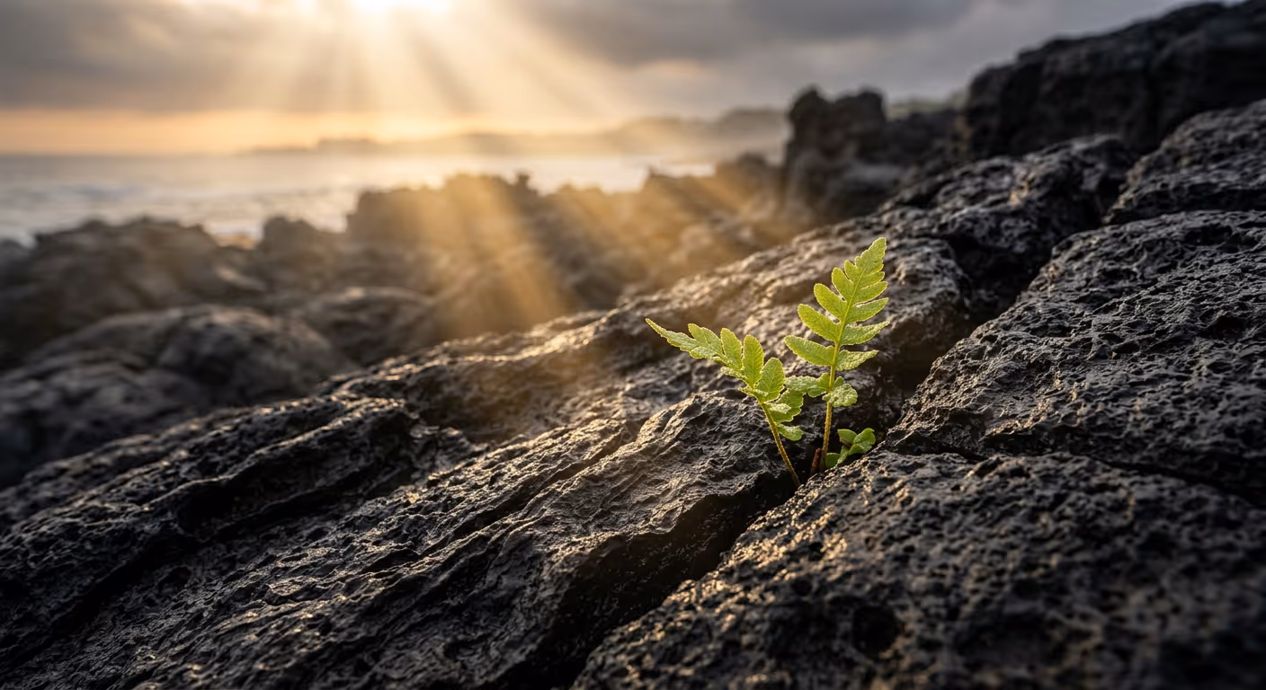 화산 바위 틈에서 자라는 새싹 — 유기적 성장의 비유