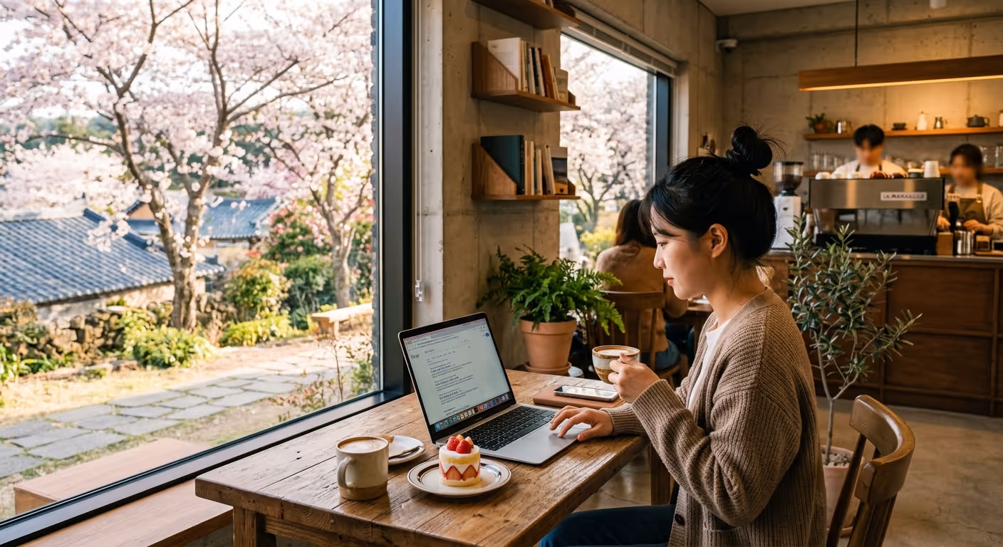 벚꽃 너머 제주 카페 — 노트북에 웹사이트가 보이는 모습