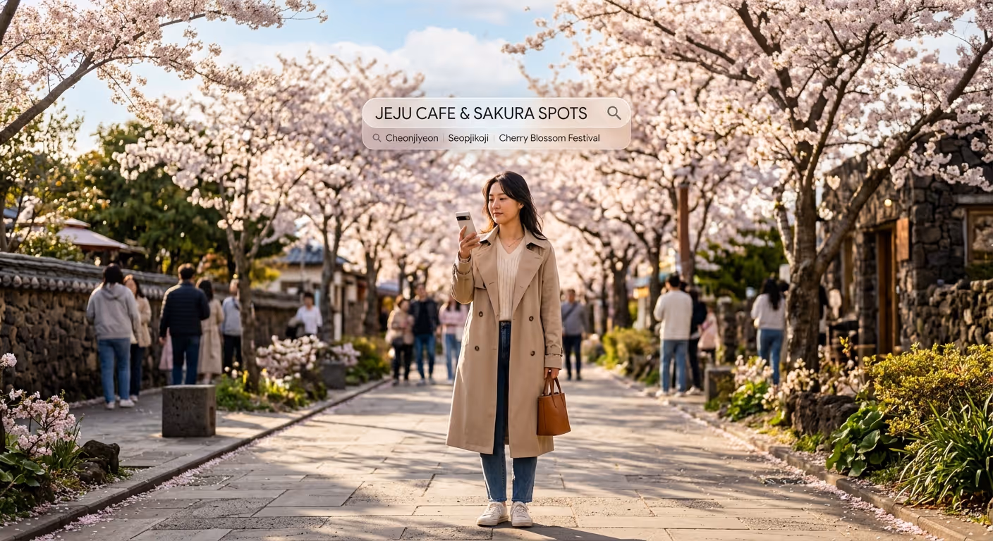 제주 거리에서 스마트폰으로 맛집을 검색하는 한국 여성