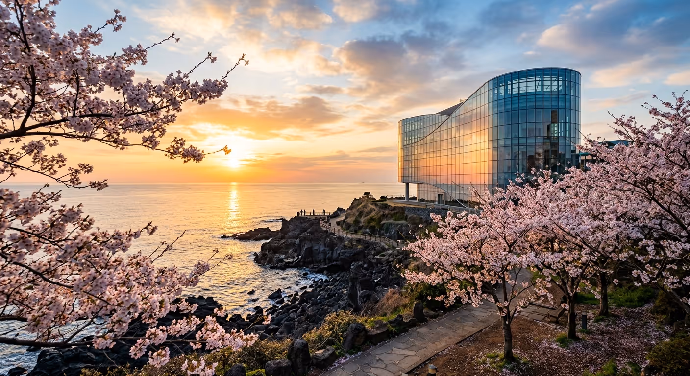 제주 해안 일출과 현대적 건물