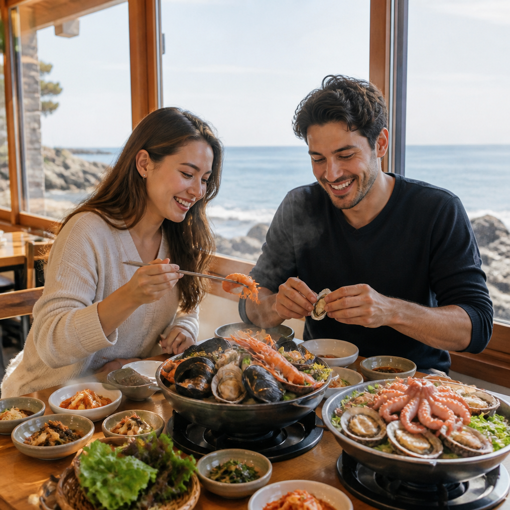 바다 전망 식당에서 해산물 요리를 즐기는 여행객 카드 이미지