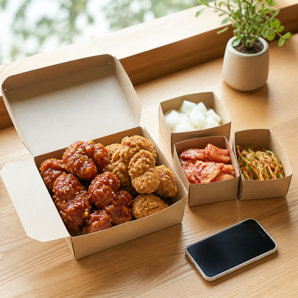포장 용기에 담긴 음식과 휴대폰 카드 이미지