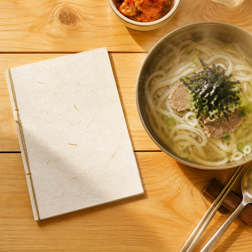 나무 테이블 위 손글씨 느낌 메뉴판과 따뜻한 국수 한 그릇 카드 이미지