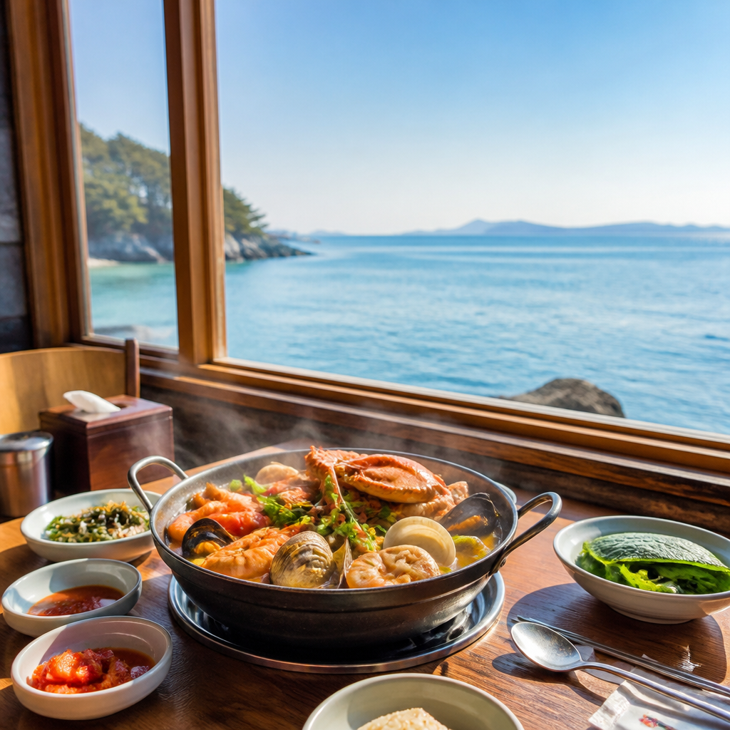 바다가 보이는 해산물 식당 창가 자리 카드 이미지